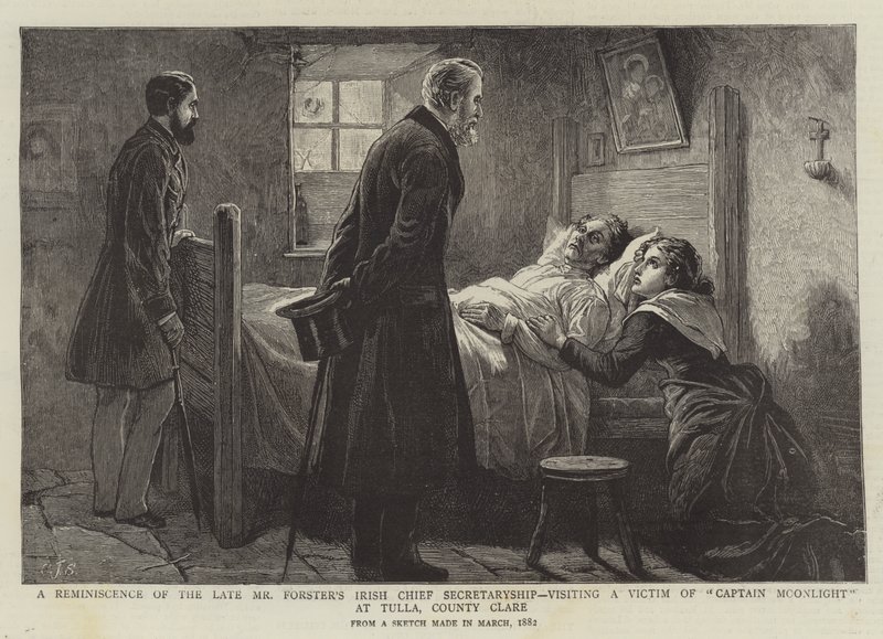 En reminiscens af den afdøde hr. Forsters irske chefsekretærskab, der besøgte et offer for kaptajn Moonlight i Tulla, County Clare af Charles J. Staniland