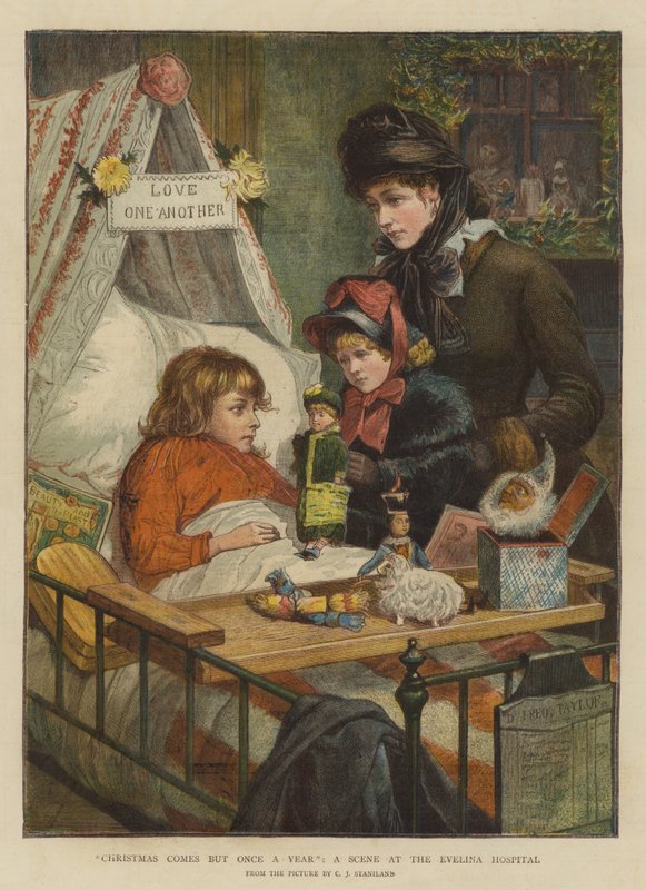 Julen kommer kun én gang om året, en scene på Evelina Hospital (chromolitho) af Charles J. Staniland