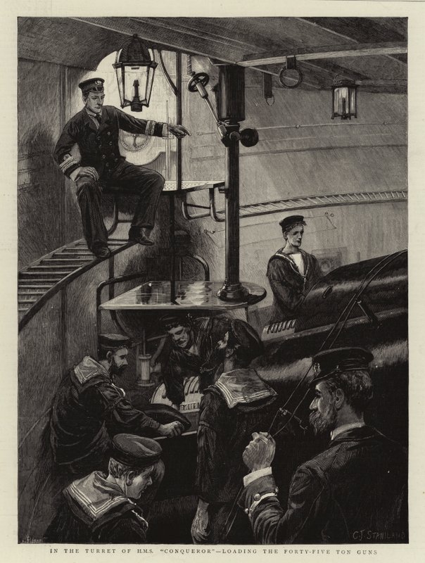 I Turret of H M S Conqueror, lad de 45 tons kanoner af Charles J. Staniland