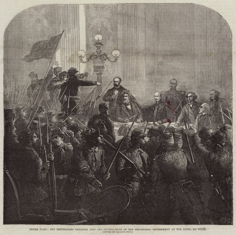 Inde i Paris bryder røde republikanere ind i den provisoriske regerings rådssal på Hotel De Ville af Charles J. Staniland