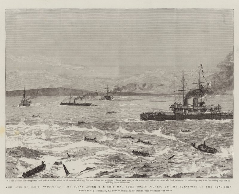 Tabet af HMS Victoria, scenen efter skibet var sunket, både, der henter flagskibets overlevende af Charles J. Staniland