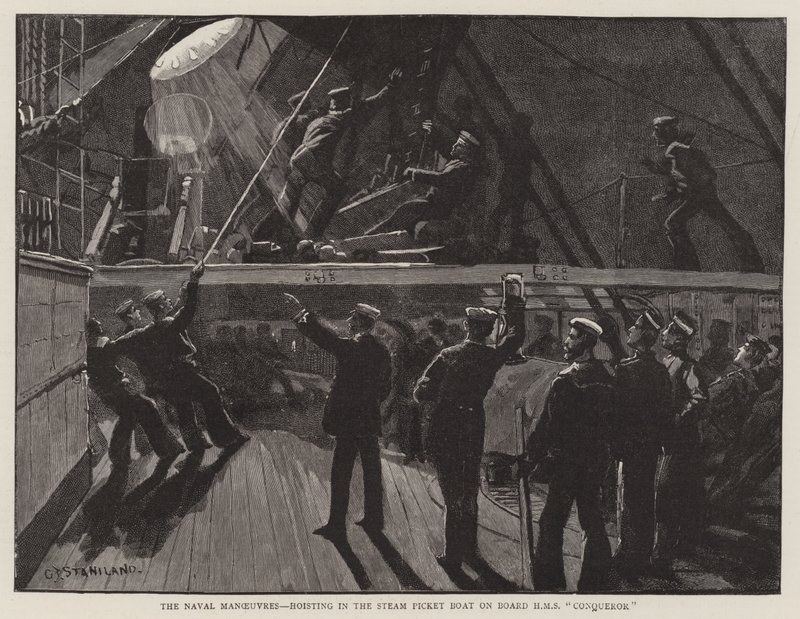 Søværnets manøvrer, hejsning i dampspidsbåden om bord på HMS Conqueror af Charles J. Staniland