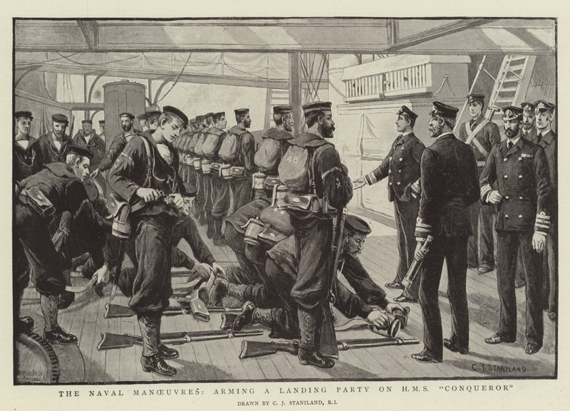 Søværnets manøvrer, bevæbning af en landgangsgruppe på HMS Conqueror af Charles J. Staniland