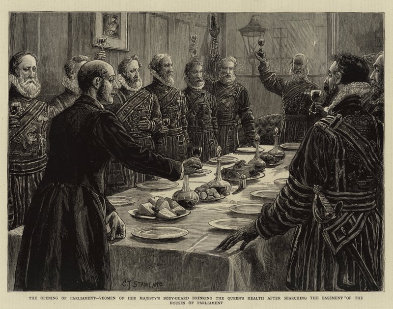 Parlamentets åbning, Yeomen af Hendes Majestæts kropsvagt drikker dronningens helbred efter at have gennemsøgt kælderen i parlamentets huse af Charles J. Staniland