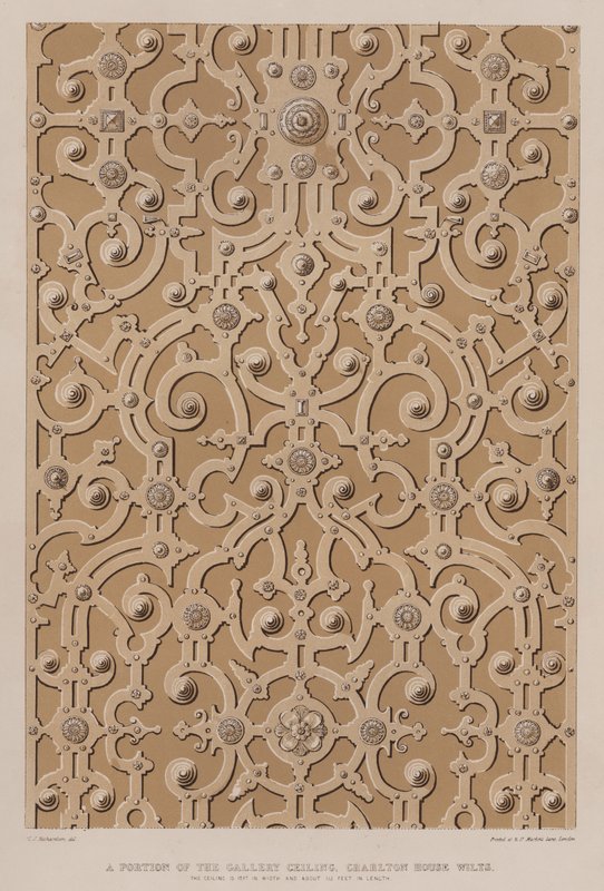 En del af galleriloftet, Charlton House, Wilts, loftet er 17 fod i bredden og omkring 115 fod i længden (farve litho) af Charles James Richardson