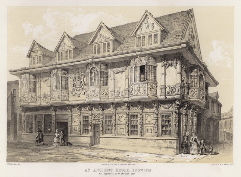 Et gammelt hus, Ipswich, boligen for William Sparrow (farve litho) af Charles James Richardson