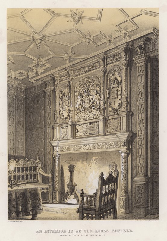 Et interiør i et gammelt hus, Enfield, kendt som dronning Elizabeths palads af Charles James Richardson