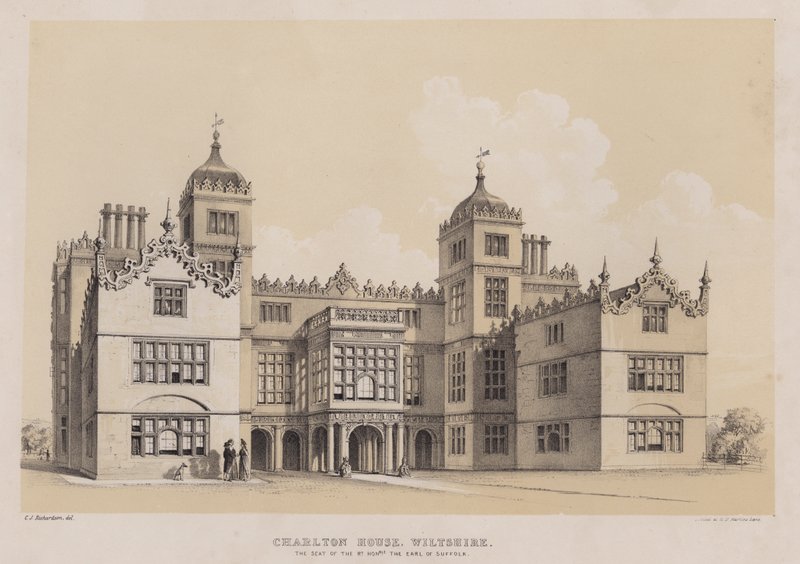 Charlton House, Wiltshire, sæde for den ærede jarl af Suffolk (farve litho) af Charles James Richardson