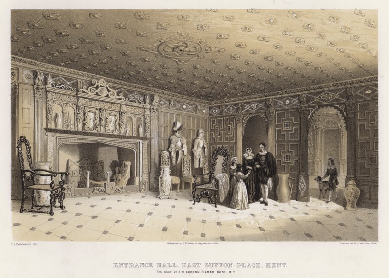 Entré, East Sutton Place, Kent, sæde for Sir Edmund Filmer (farve litho) af Charles James Richardson