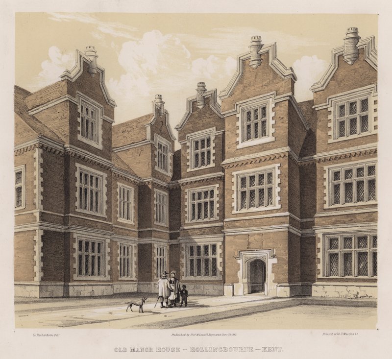 Gammel herregård, Hollingbourne, Kent (farve litho) af Charles James Richardson