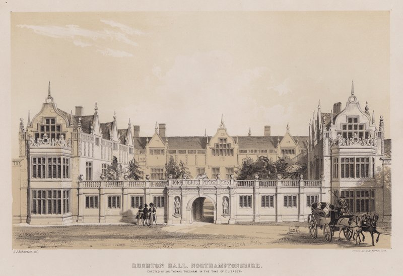 Rushton Hall, Northamptonshire, opført af Sir Thomas Tresham, i Elizabeths tid (farve litho) af Charles James Richardson