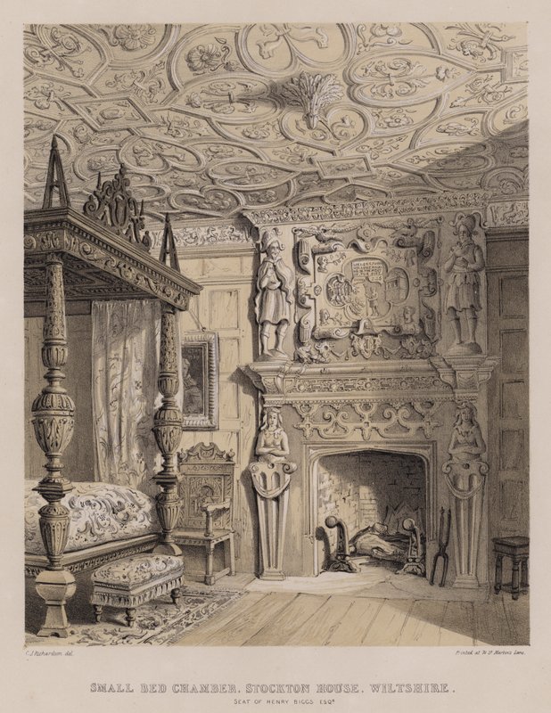Lille sengekammer, Stockton House, Wiltshire, sæde for Henry Biggs (farve litho) af Charles James Richardson