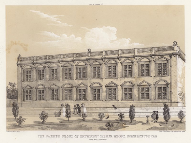 Haven foran Brympton Manor House, Somersetshire, Inigo Jones, arkitekt (farve litho) af Charles James Richardson