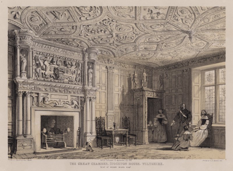 Det store kammer, Stockton House, Wiltshire, sæde for Henry Biggs (farve litho) af Charles James Richardson