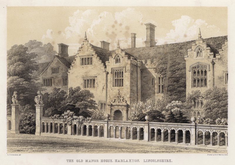 Den gamle herregård, Harlaxton, Lincolnshire (farve litho) af Charles James Richardson