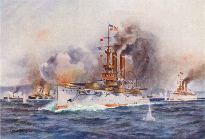 Ødelæggelsen af den spanske flåde uden for Santiagos havn (farvelitografi) af Charles John de (after) Lacy