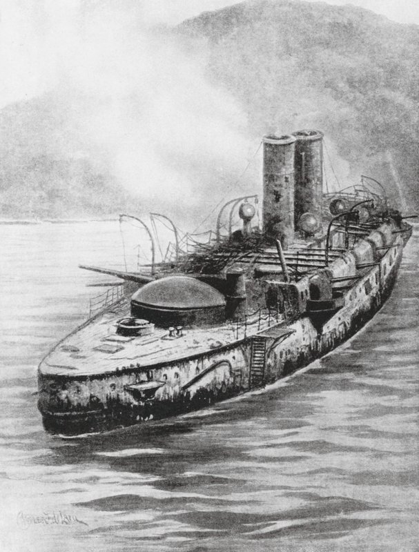 Den spanske panserkrydser Oquendo efter flådeopgøret i 1898 (litografi) af Charles John de (after) Lacy