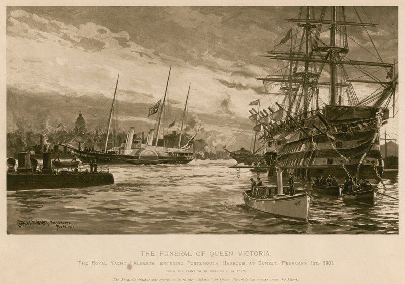 Dronning Victorias begravelse. Royal Yacht Alberta, der bærer dronningens lig, går ind i Portsmouth Harbour ved solnedgang af Charles John de (after) Lacy