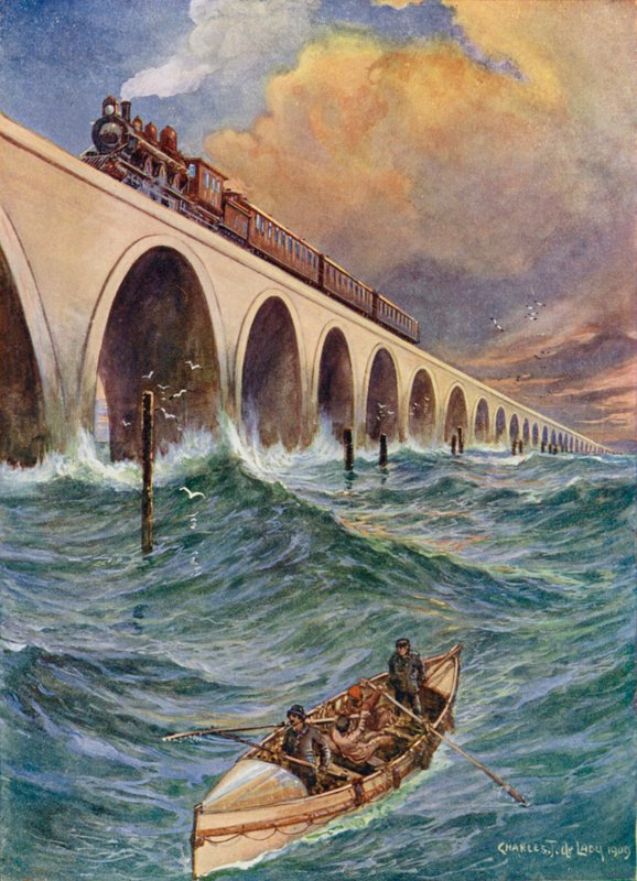 En jernbane gennem havet, et tog krydser Florida-bugten af Charles John de Lacy