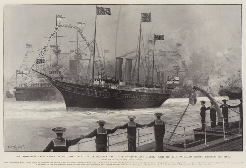 The Coronation Naval Review ved Spithead, 16. august, Hans Majestæts Yacht, Victoria og Albert, med kongen ombord, passerer gennem linjerne af Charles John de Lacy