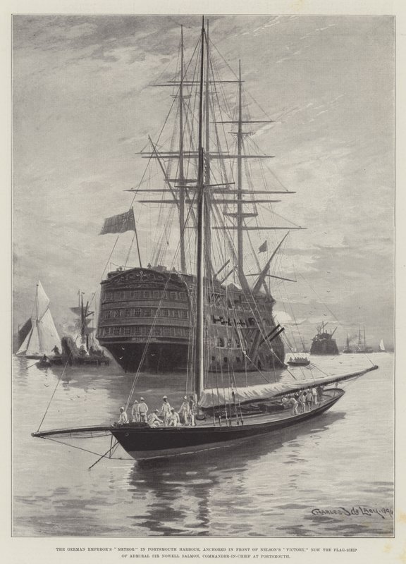 Den tyske kejsermeteor i Portsmouth Havn, forankret foran Nelson
