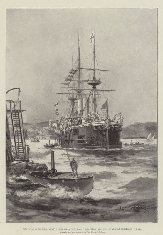 Flådemanøvrerne, reserveflådeoperationer, HMS Alexandra, flagskib af admiral Domvile, i Tor Bay af Charles John de Lacy