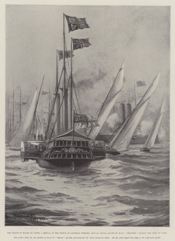 Prinsen af Wales i Cowes, Prinsens ankomst lørdag aften den 30. juli, kongelig hilsen fra HMS Crescent, kaptajn hertugen af York af Charles John de Lacy