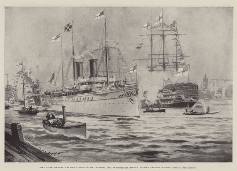 Den tyske kejsers besøg, Hohenzollerns ankomst til havnen i Portsmouth, Nelsons flagskib Victory hilser på kejseren af Charles John de Lacy