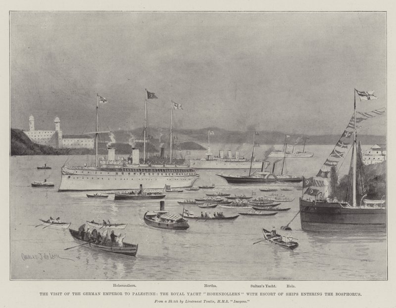 Den tyske kejsers besøg i Palæstina, Royal Yacht Hohenzollern med eskorte af skibe på vej ind i Bosporus af Charles John de Lacy