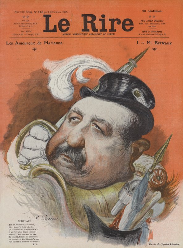 Henri Maurice Berteaux, fransk forsvarsminister. Illustration til Le Rire af Charles Leandre