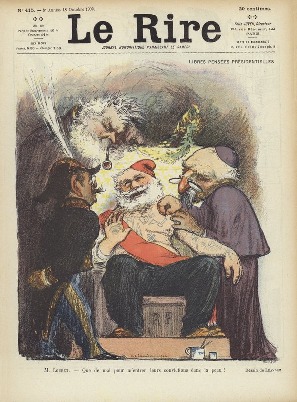 Frankrigs præsident Loubet bliver tatoveret. Illustration til Le Rire af Charles Leandre
