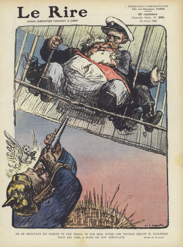 Satire, der skildrer den franske præsident Armand Fallieres, der flyver i et fly med zar Nicholas? af Charles Leandre