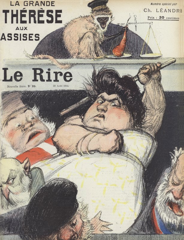 Retssagen mod den berygtede bedrager Therese Humbert. Illustration til Le Rire af Charles Leandre