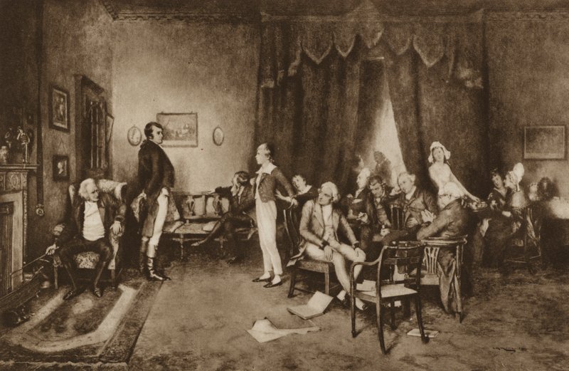 Møde mellem Robert Burns og Sir Walter Scott, Edinburgh (litho) af Charles Martin (after) Hardie
