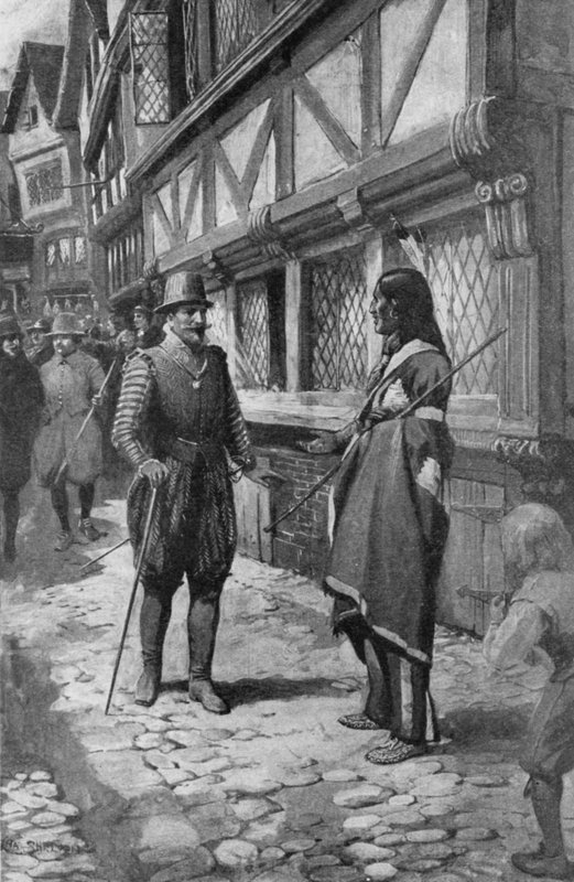 Kaptajn John Smith møder en rød indisk ven fra Virginia, mens han går en tur ned ad The Strand i London (litho) af Charles Mills (after) Sheldon