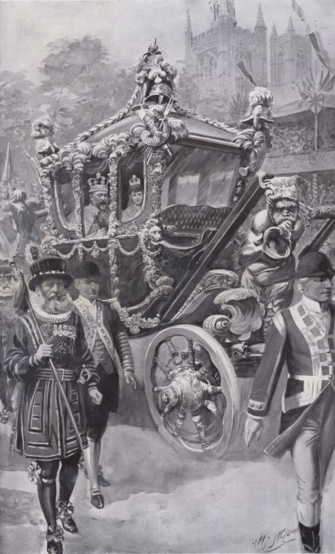 Kong Edward VII og dronning Alexandra i statstræneren vender tilbage fra deres kroning i Westminster Abbey, London af Charles Mills (after) Sheldon