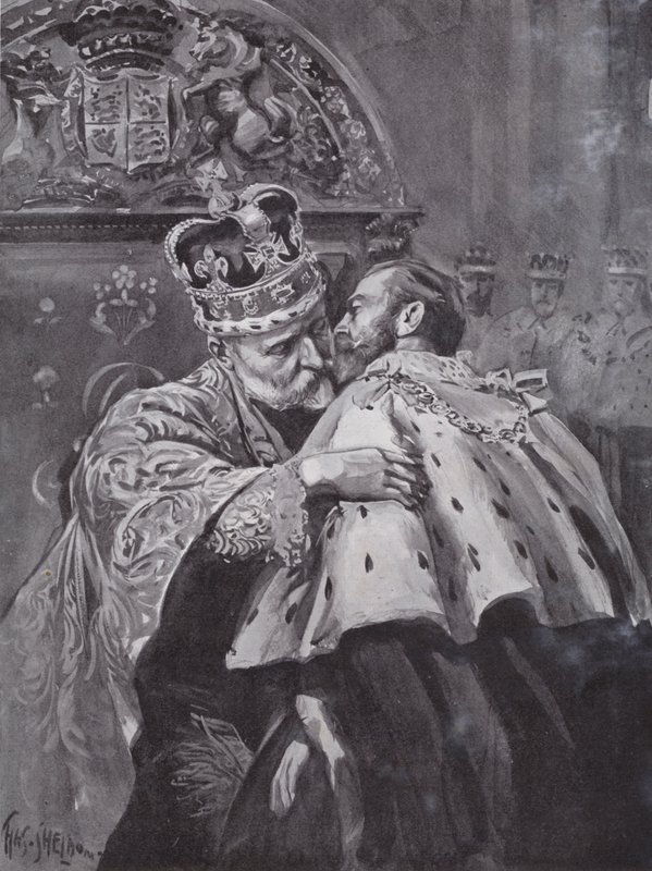 Kong Edward VII omfavner sin søn, prinsen af Wales, ved kongens kroning, Westminster Abbey, London af Charles Mills (after) Sheldon