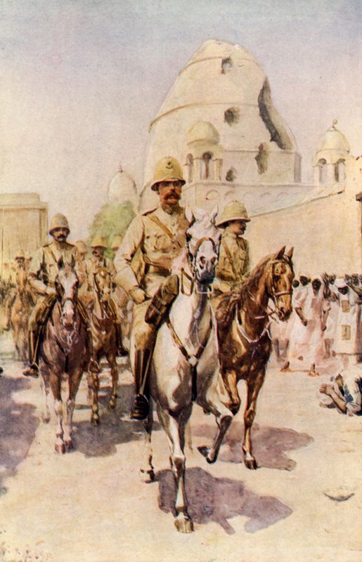 Lord Kitchener på vej ind i Omdurman efter slaget (farvelitografi) af Charles Mills (after) Sheldon