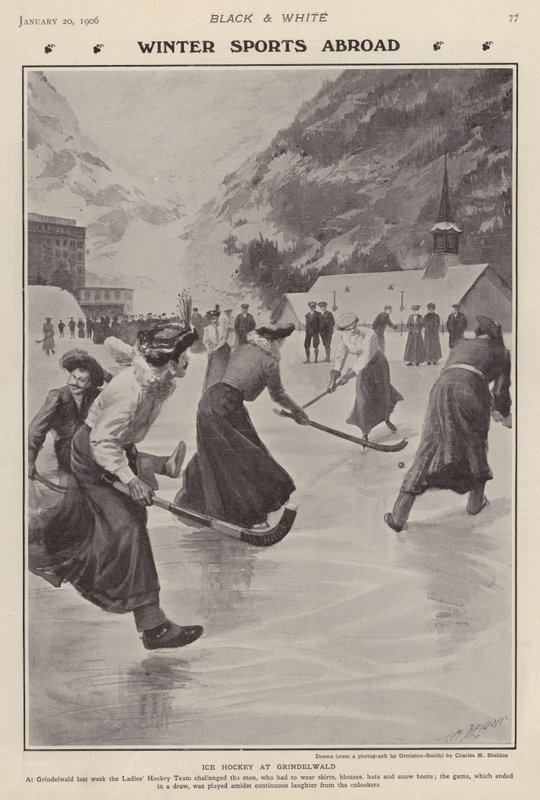 Spiller ishockey i Grindelwald, Schweiz (litho) af Charles Mills (after) Sheldon