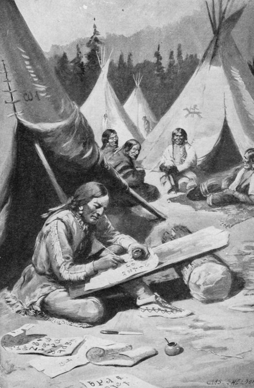 Sequoya træner sit alfabet (litho) af Charles Mills (after) Sheldon