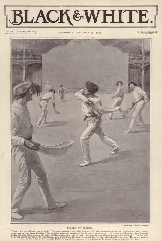 Den baskiske sport pelota bliver spillet i Olympia, London (litho) af Charles Mills (after) Sheldon