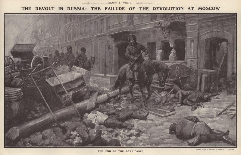 Oprøret i Rusland: Revolutionens fiasko i Moskva (litho) af Charles Mills (after) Sheldon