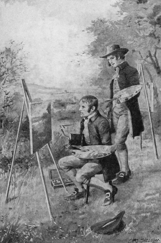 Landsbyens blikkenslager hjælper en ung John Constable med at male en scene i Suffolk (litho) af Charles Mills (after) Sheldon