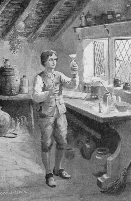 Den unge Humphry Davy laver sine første eksperimenter (litho) af Charles Mills (after) Sheldon