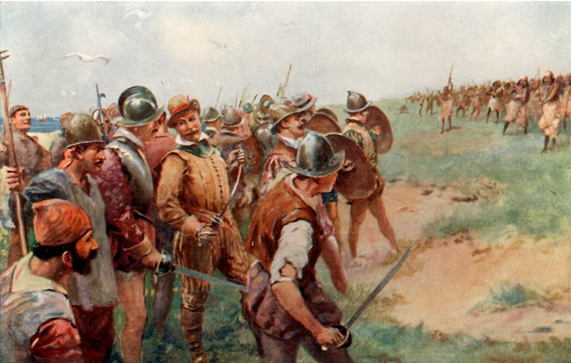 Drakes gruppe angrebet af patagonierne af Charles Mills Sheldon