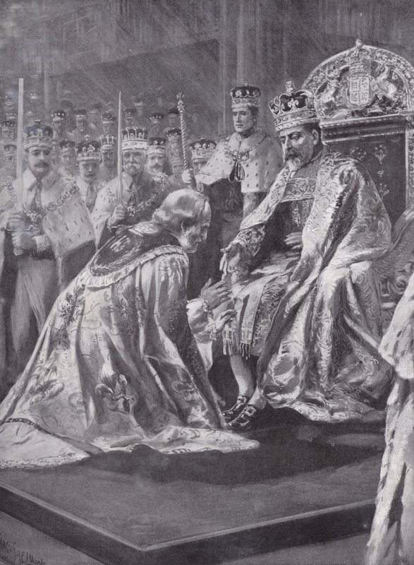 Hyldest af ærkebiskoppen af Canterbury ved kroningen af kong Edward VII, Westminster Abbey, London, 1902 af Charles Mills after Sheldon