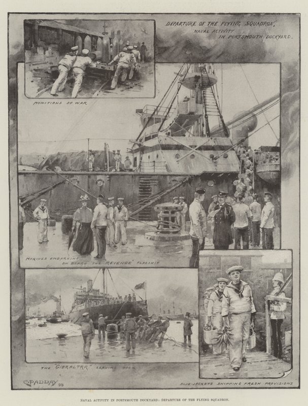 Flådeaktivitet i Portsmouth Dockyard, afgang af Flying Squadron (litho) af Charles Murray (after) Padday