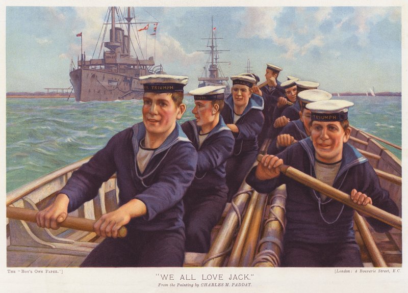 Sømænd fra HMS Triumph ror over en havn (farvelitografi) af Charles Murray (after) Padday