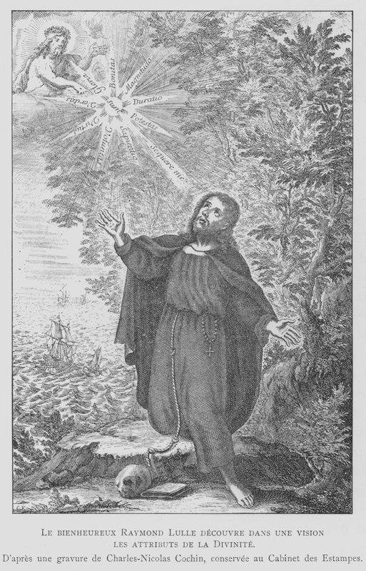 Den spanske filosof Ramon Llull opdager guddommelighedens egenskaber i en vision (litho) af Charles Nicolas II (after) Cochin