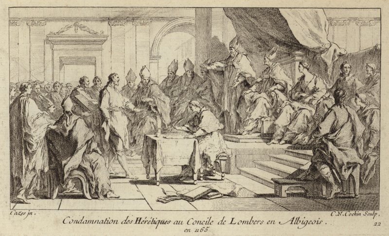 Fordømmelse af katharerne som kættere ved Council of Lombers, Frankrig af Charles Nicolas II Cochin